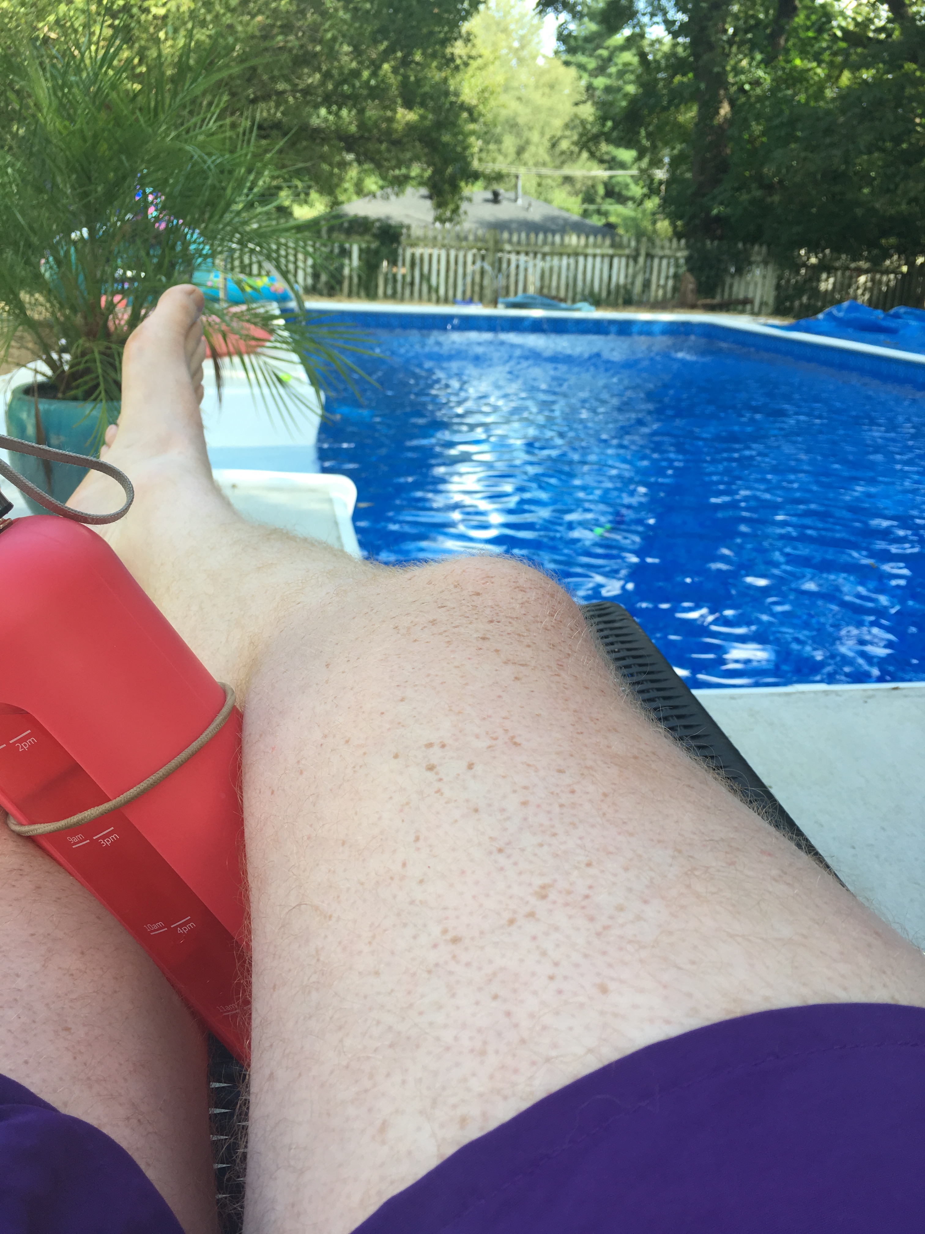 A nice picture of my legs and water bottle at my neighbor's pool